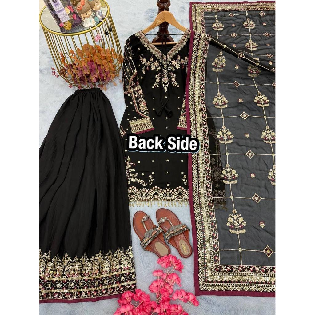 *Launching New Đěsigner Party Wear Look Pur Heavy Faux Georgette Top Plazzo & Dupatta Set