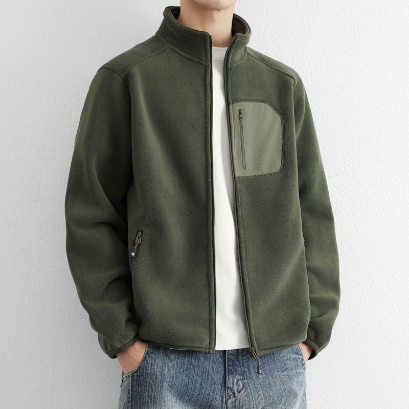 Mens Fleece Stand Collar Jacket Double-sided Lined Warm Sports Cardigan Sweatshirt
