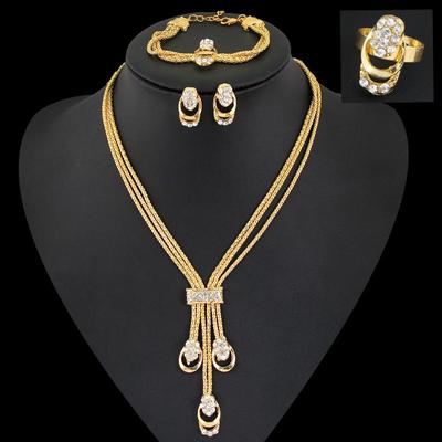 Gold -Color Filled Austrian Crystal Ancient Egyptian Culture Necklace Bracelet Earrings Ring Wedding 4 -Piece Jewelry Set
