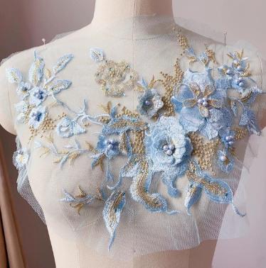 

3D flower beaded rhinestone mesh embroidery fabric lace sky blue One Size
