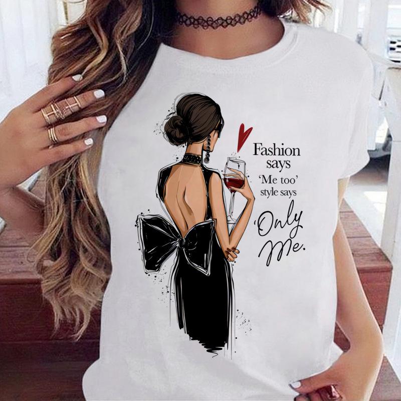 Women's Top Urban Girl Printed Casual White Cute Simple Retro Front Shoulder Pure Cotton Short Sleeved T-Shirts Women’s