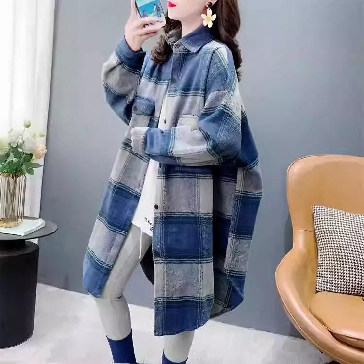 Blue Plaid Jacket Women's Autumn and Winter Loose Retro Mid-length Windbreaker Coat Stacked