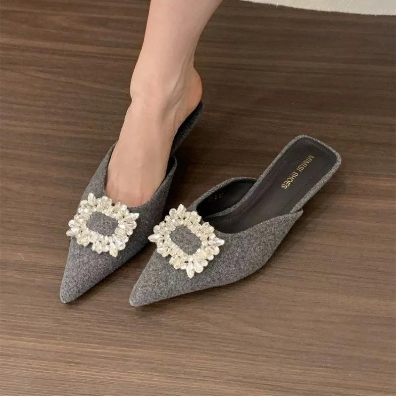 Женская обувь с закрытым носком женские тапочки модные туфли женские сандалии с острым носком и квадратными пуговицами на низком каблуке 35 2395₽