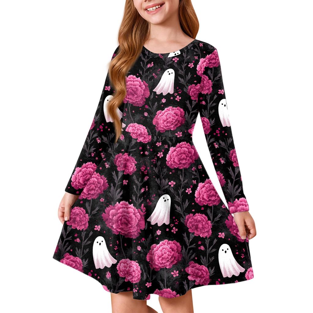 Girls' Summer Princess Dress Halloween Day- Long Sleeve A-Line T-Shirt Dress