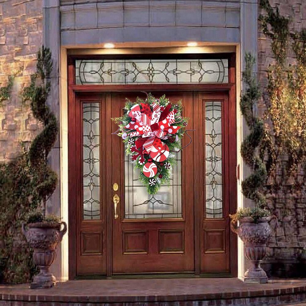 Wall Decoration Christmas Wreath Xmas Front Door Wall Decor Candy Cane Christmas Wreath Bow Garland for Christmas Decoration
