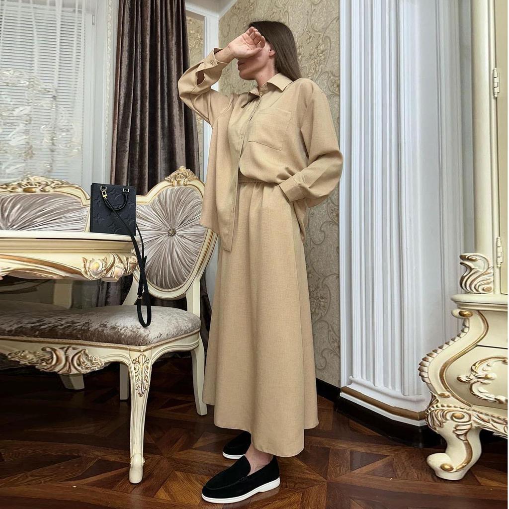 2024 Spring Women's Casual Set: Loose Long-Sleeved Shirt and Midi Skirt