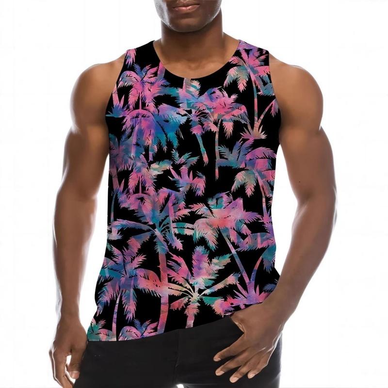 3D Printed Color Gradient Sunset Men's Vest with Plant Pattern T-shirt, Summer Loose Vacation Street Sports Top, Round Neck Vest