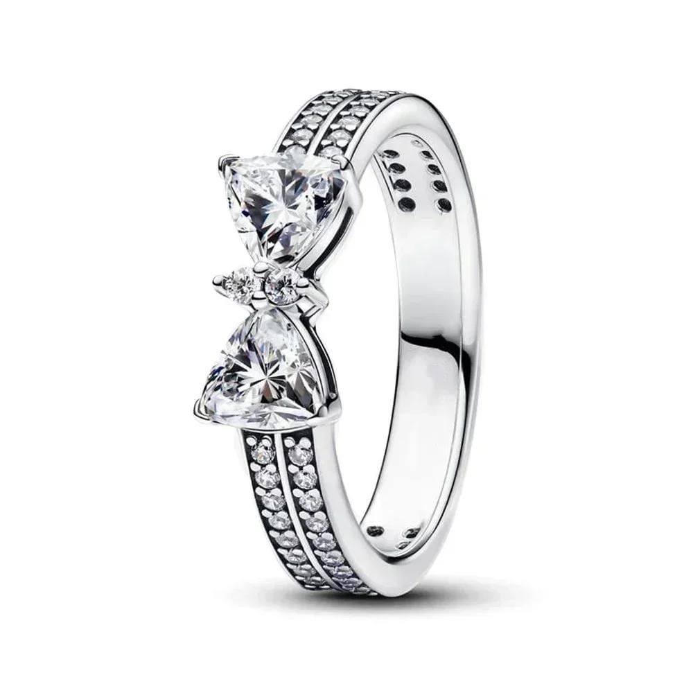 Luxury Original 925 Silver Heart-shaped Bow Flower Ring Fit Women's High-end Jewelry Parties Valentine's Day Gifts