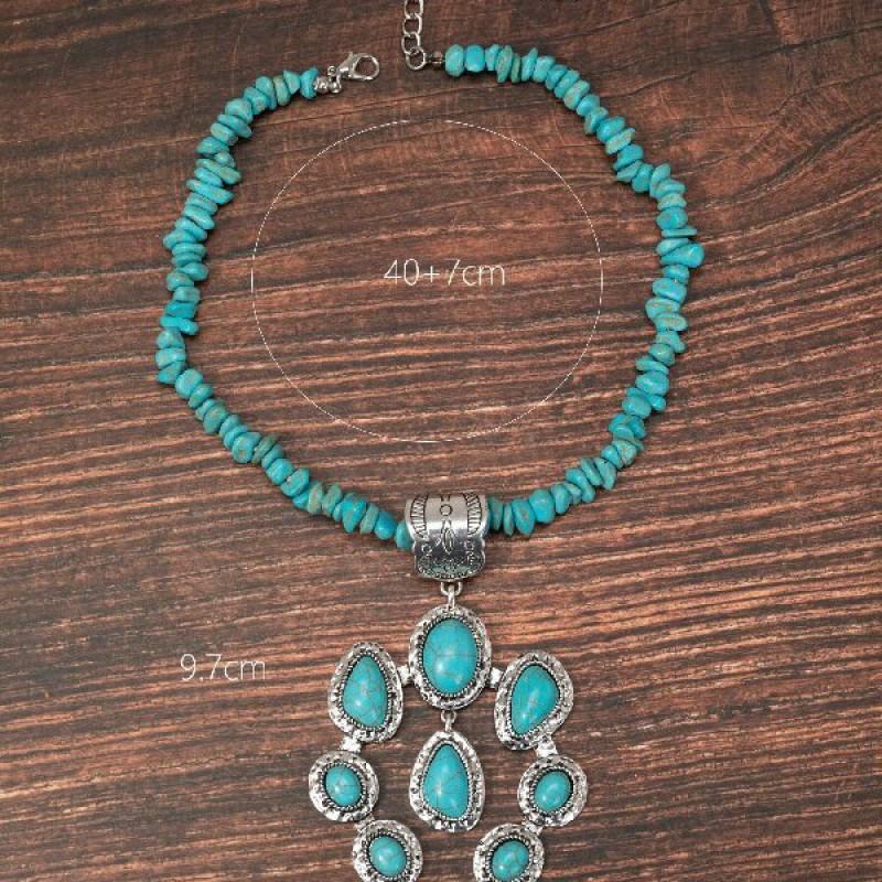 Boho Style Turquoise Drop Pendant Necklace Alloy Chain Vintage Fashion Jewelry Men Women