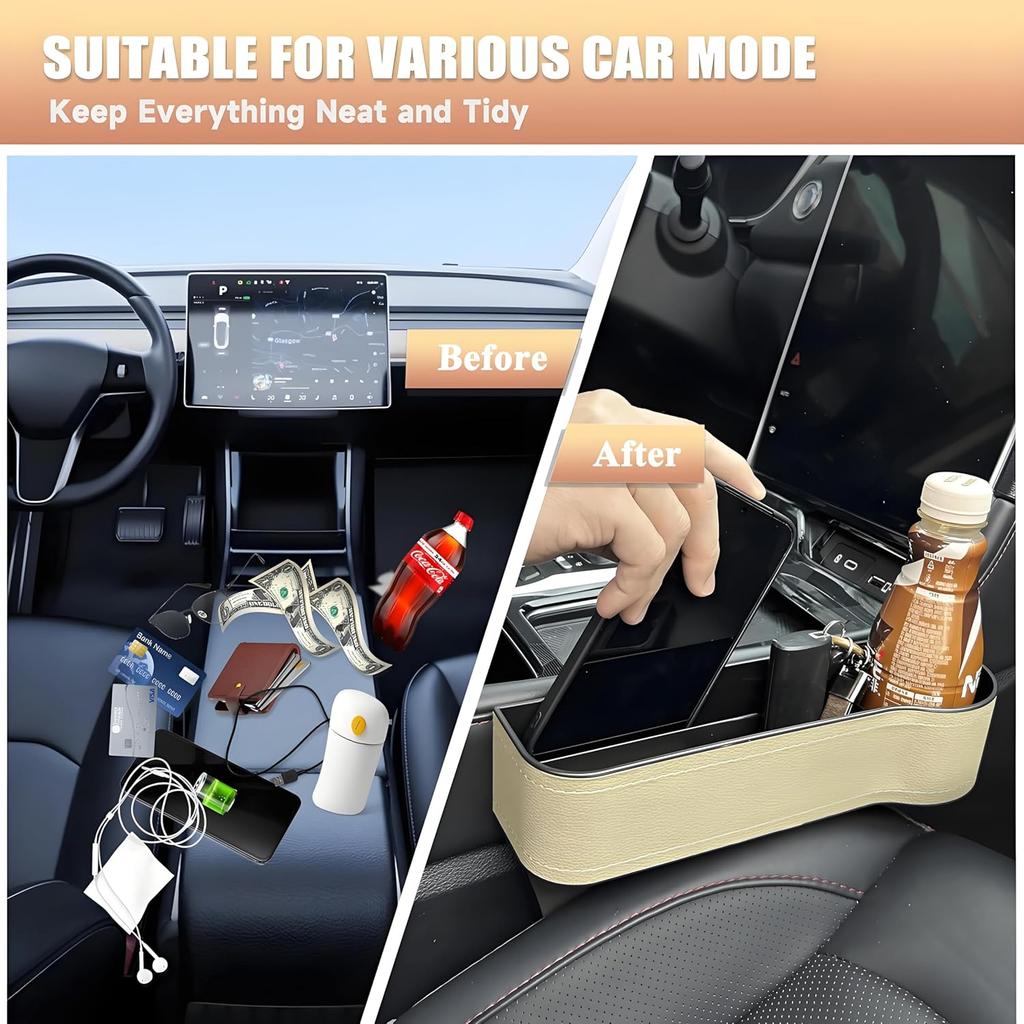 2026 Upgraded 2 PC (L+R) Premium PU Leather Car Seat Gap Filler Organizer With Cup Holder & Storage Slot/Bag– Fits Front Seat, Holds Phone,