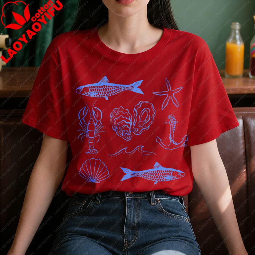 Sea Life Pattern Vintage Graphic Printed Tshirt Oneck Cotton Short Sleeve Unisex Casual Fashion Summer Tshirt Daily Life Tops