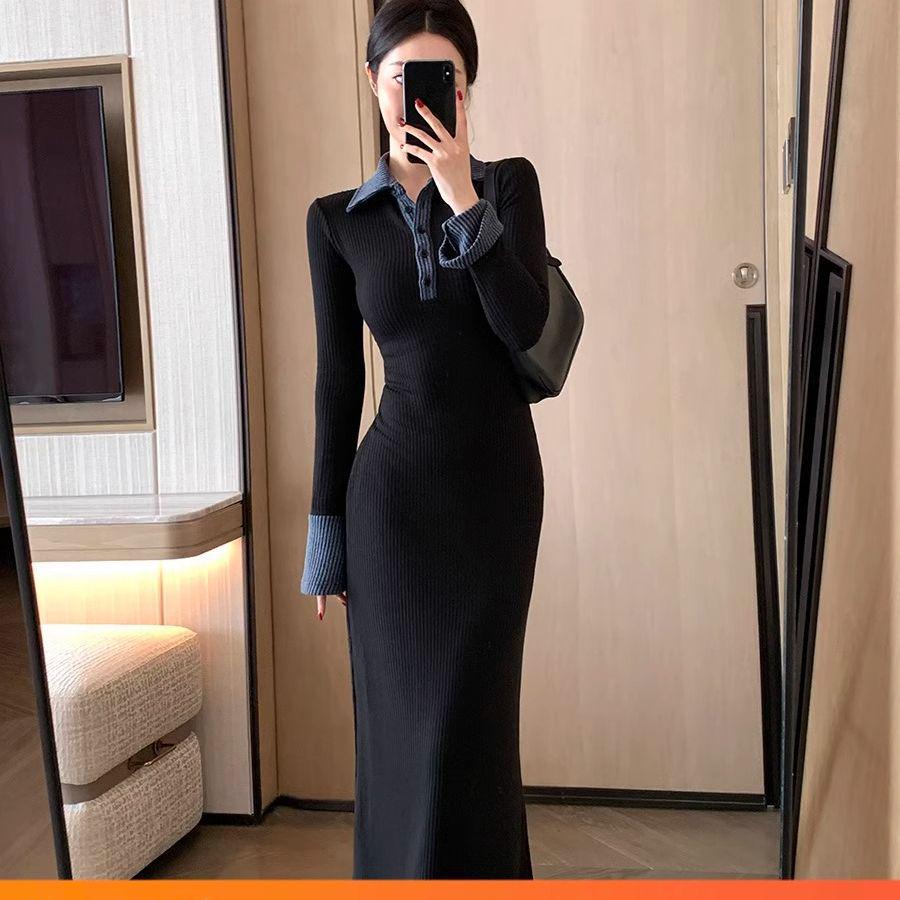 2026 Women's Black Patchwork Polo Collar Knit Dress, Autumn/Winter Long Sleeve, Waist-Cinching Retro Long Skirt.