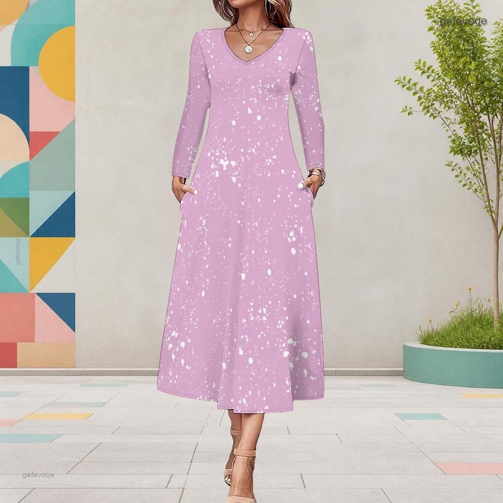 Women Plus Size V Neck Long Sleeve Blue Printed A Line Midi Dress With Pockets
