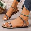 Fashion 2025 New Summer Sandals Women's Round Toe Open Toe Patent Leather One-Strap Wear Soft Sole Non-Slip Plus Size Flats