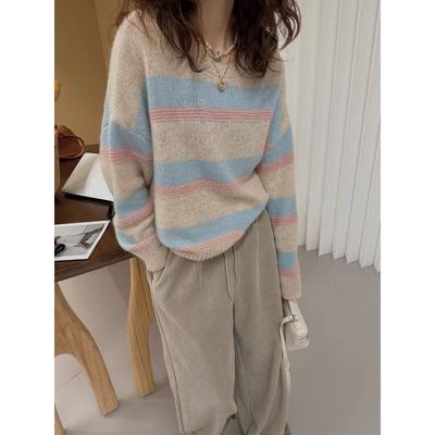 Tops de Outono Inverno Suéteres para Mulheres Casacos Largos Gola Redonda Color Block Estilo Coreano Retrô Versátil