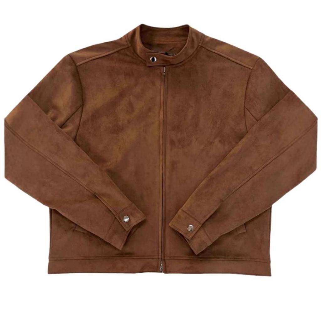 Pre-sale Early Autumn Brown Stand Collar Deerskin Jacket - Loose Korean Style Warm Men's Outerwear