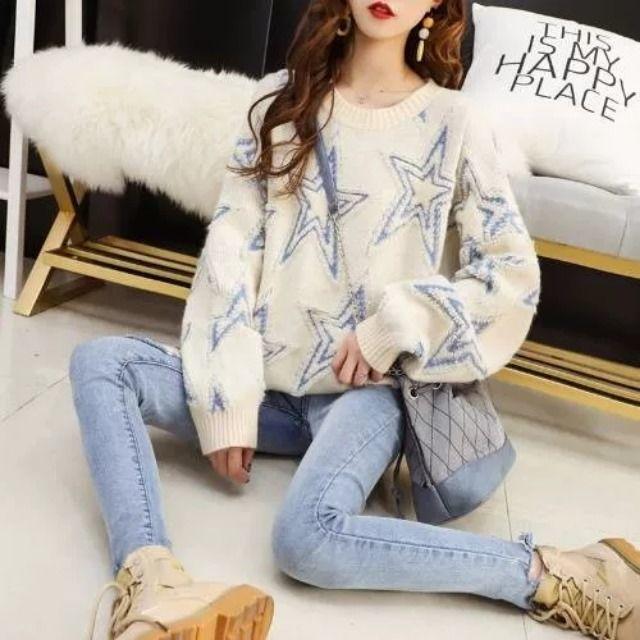 

Star Jacquard Women s Knitted Sweater Round neck solid color long sleeve sweaters New loose casual woman Korean pullover top Onesize белый
