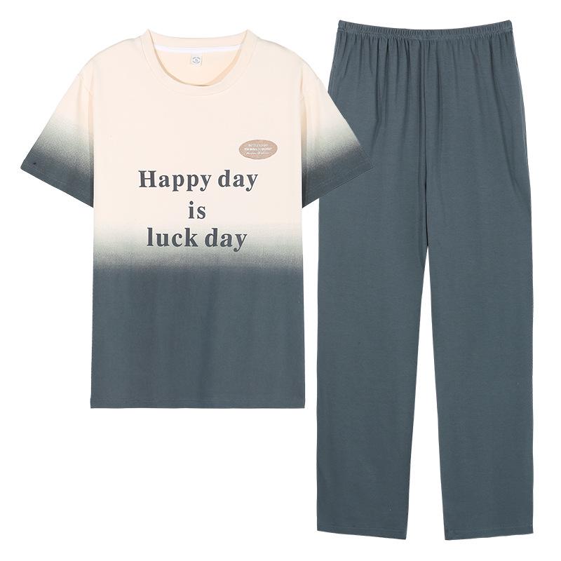 Men's Summer Cotton Pajama Set: Short Sleeve & Long Pants, Loose Fit, Plus Size