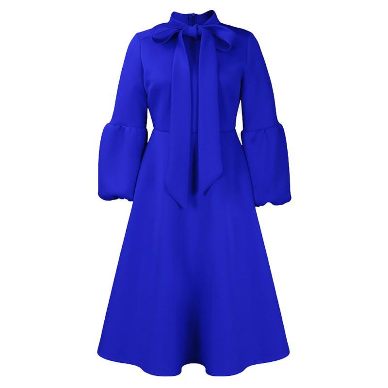 

Large Size Women s Dress Winter Bubble Sleeves Lace Bow Big Skirt Banquet European American M синий