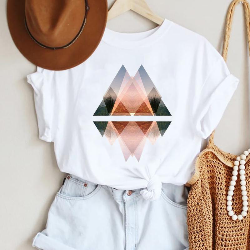 Fashion Casual Landscape Mountain Graphics Womens T-Shirt 90S Summer Blouse Loose White Short Sleeve O-Neck Female Tops Clothing