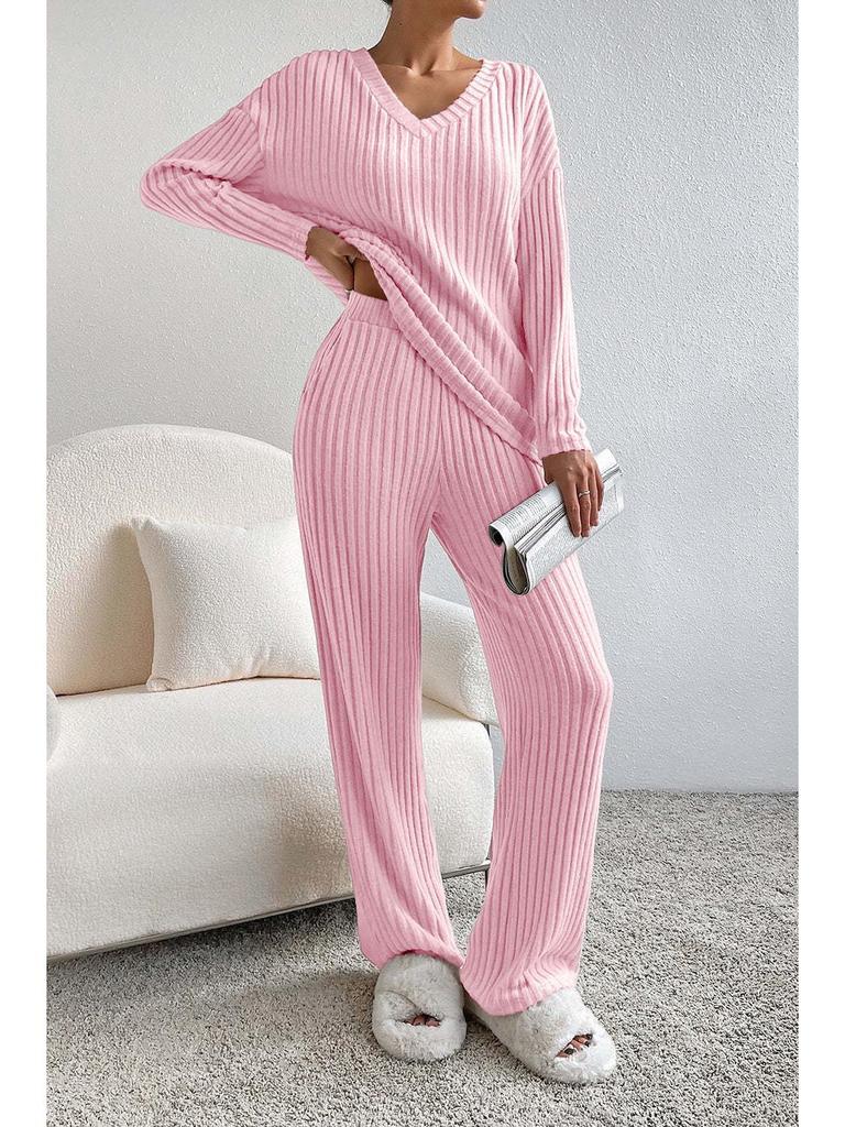 2025 Autumn Women's Cross-border Casual V-neck Rib-knit Set with Loose Straight-leg Pants