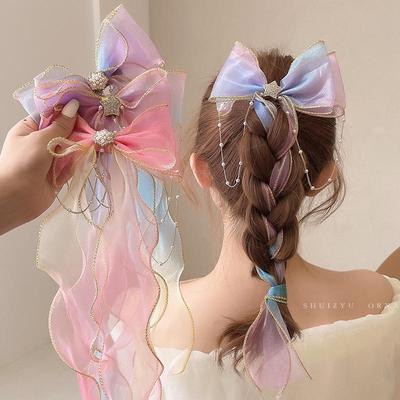 Barrette à nœud en perles et bandeau à ruban à pompons pour femmes et filles