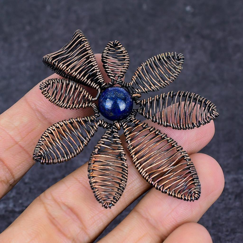Lapis Lazuli Gemstone Copper Wire Wrap Jewelry Pendant 2.56"