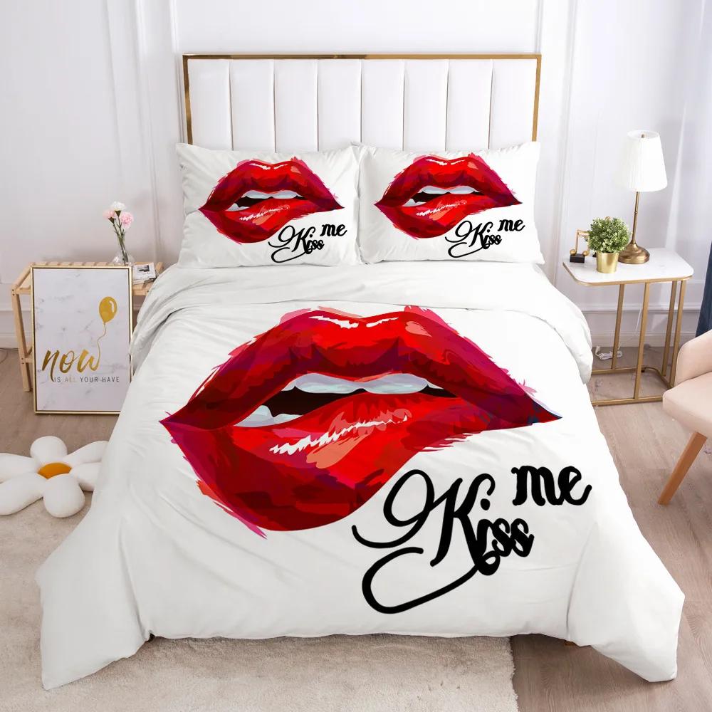 Sexy Lips Kiss Me Duvet Cover Sets 100% Hot Home Hotel Wendding Bedding Set Couples Lovers Art Kiss Pattern Bedclothes Cover