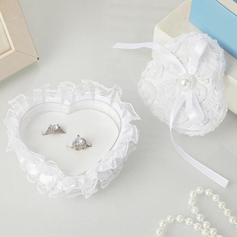 Wedding Rings Presentation Box With Lace and Heart Shape Design Rings Display Holder Case with Pillow for Formal Occasion