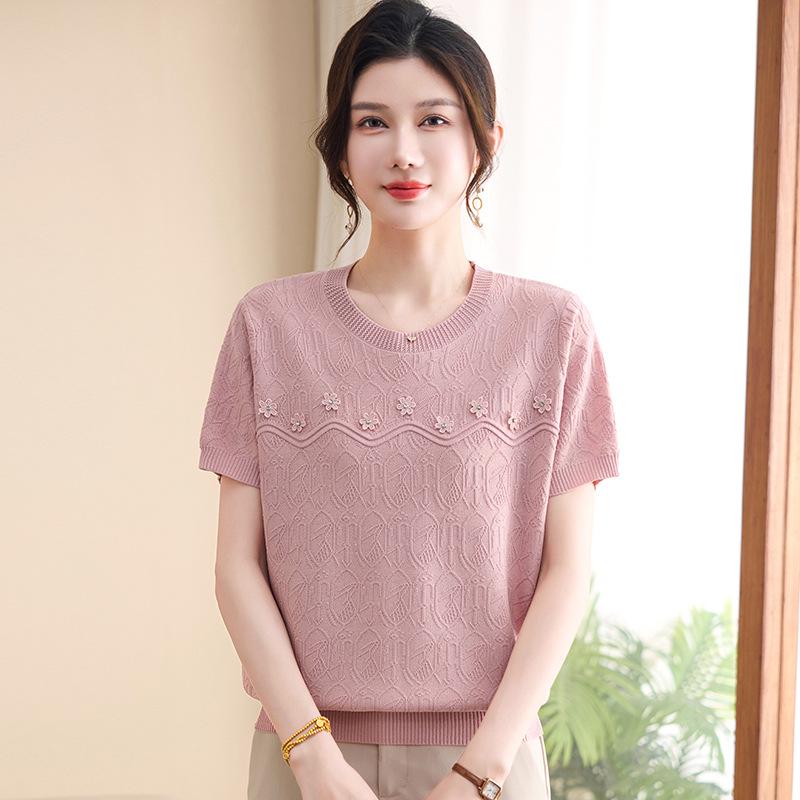 Mom's Autumn 2026 Embroidered Long-Sleeve Knit Top for Middle-Aged and Elderly Women