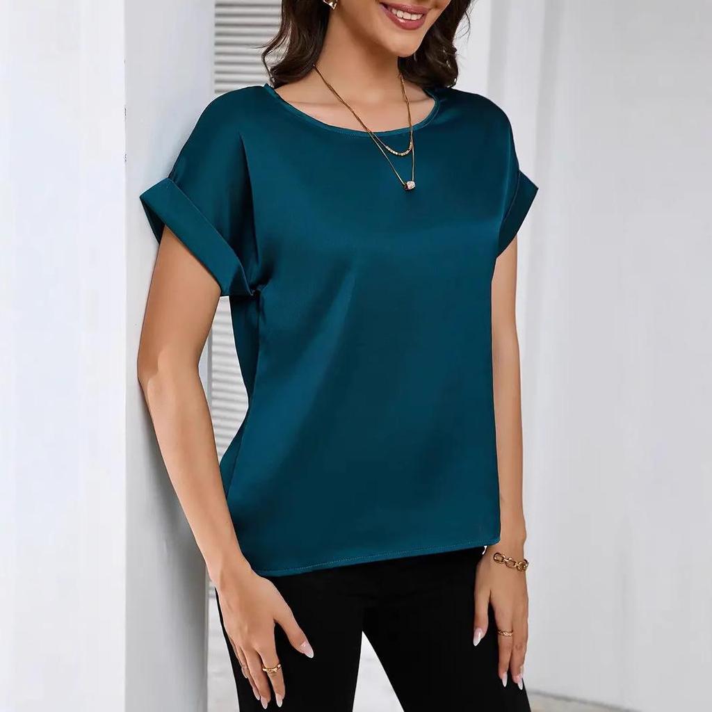 2025 Women's Summer Glossy Solid Color Short Sleeve Loose T-shirt