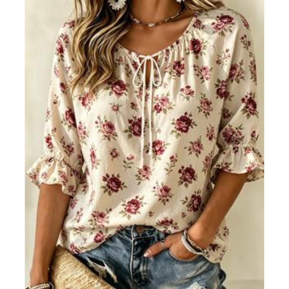 Women's Retro Deep Red Floral Tie Neck Top Ruffle 3/4 Sleeve Loose Fit Casual Weekend Vacation Shirt
