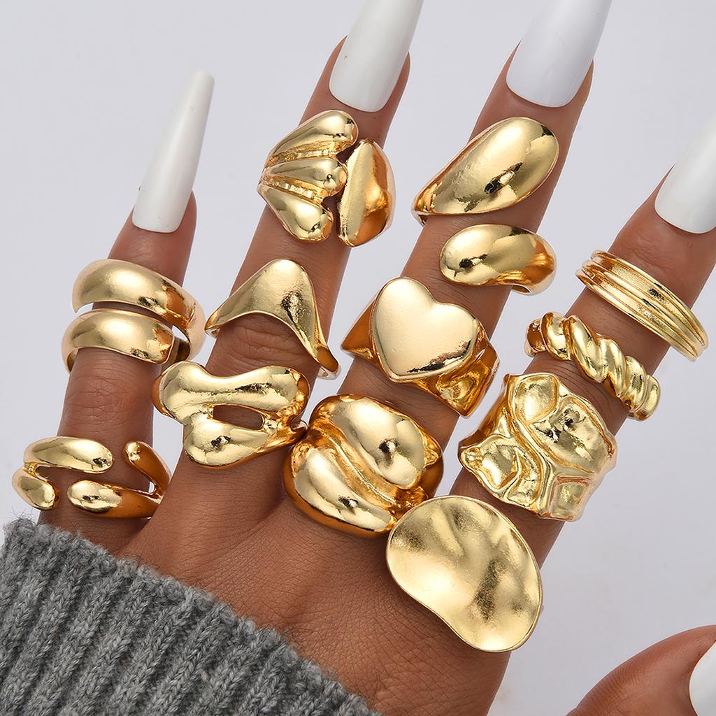 iF ME 12Pcs Gold Color Lava Texture Ring Set For Women Chunky Statement Irregular Heart Teardrop Stackable Rings Minimalist Jewelry