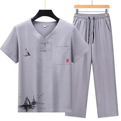 Large Size Middle-aged and Elderly Men's Tang Style Dad Summer Suit Men's Middle-aged Hanfu Chinese Style Summer Men's Pure Cotton Set Two-piece Set