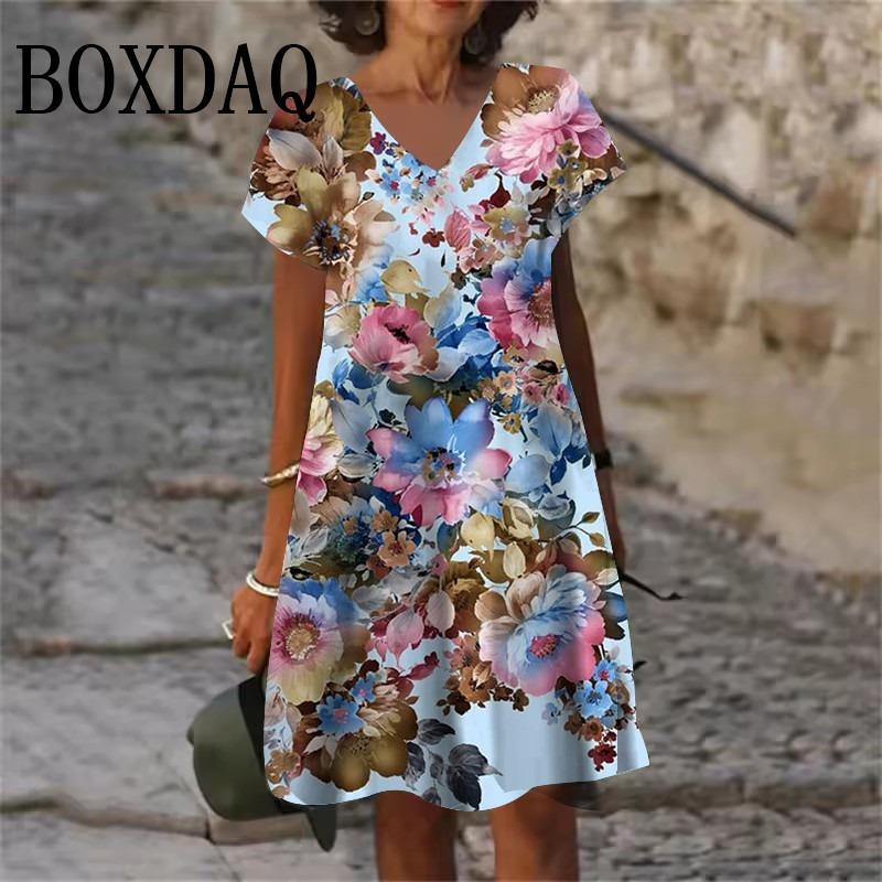 Plant Flowers Pattern Dresses Summer Women Clothing Fashion Plus Size Short Sleeve 3D Print Dress Casual Retro V-Neck Dress