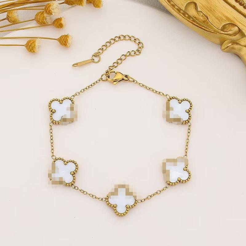 

Браслет 13 мм Счастливый четырехлистный клевер Двусторонний из титановой стали с 18k сохранением цвета Модные и универсальные украшения 18k белый