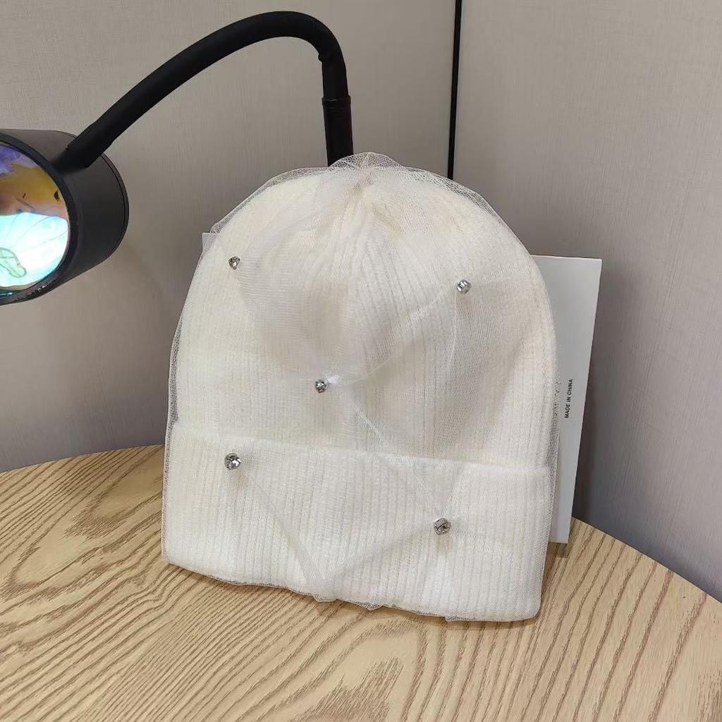 New Fashion Mesh Warm Rhinestone Wool Hat for Women In Autumn and Winter Thickened Ear Protection Head Cold Hat Korean Version Knit Hat Trend