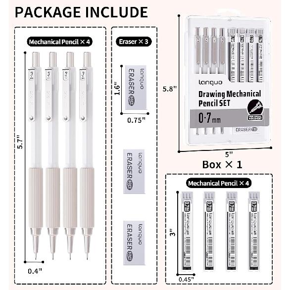 Mechanical Pencil Set with Case, 4PCS 0.7mm Art Mechanical Pencils + 40PCS HB Lead Refills + 40PCS 2B Lead Refills + 3PCS Erasers+ 1PCS Case, Drawing
