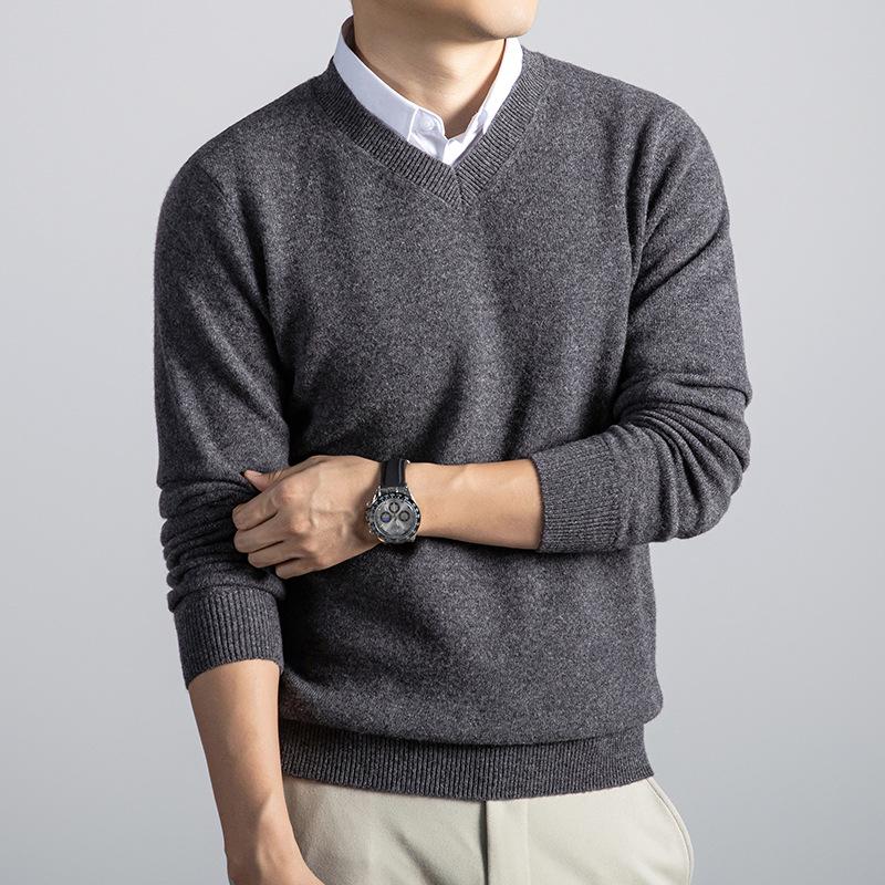 

Men s 100% Wool Argyle V-Neck Sweater - 400g Thick, Solid Color Base Layer L [120-135 Jin] темно-сірий