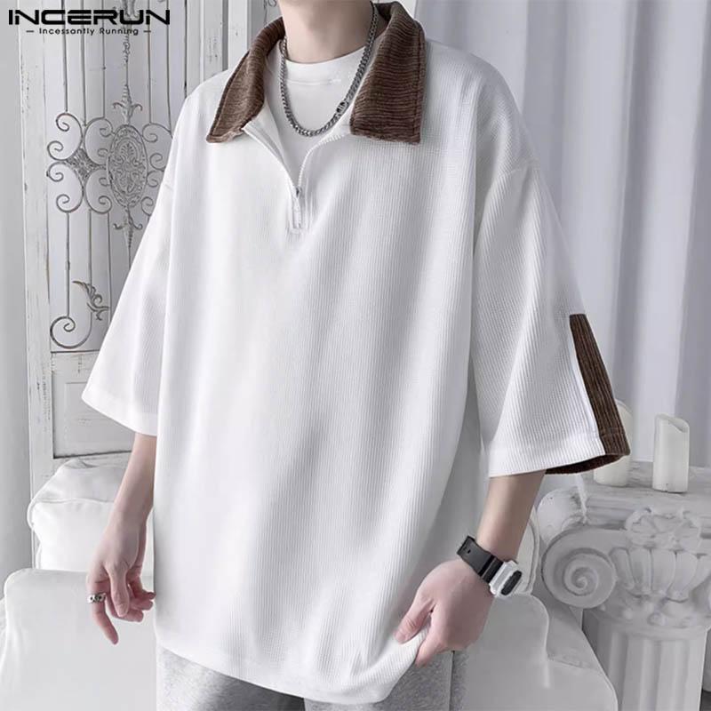 INCERUN Men Oversized Zipper Lapel Half Sleeve Loose Tops Summer Patchwork T-shirts
