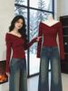 Korean Red V-Neck Long-Sleeve Women's T-Shirt, Spring Chic Slim-Fit Top for Layering