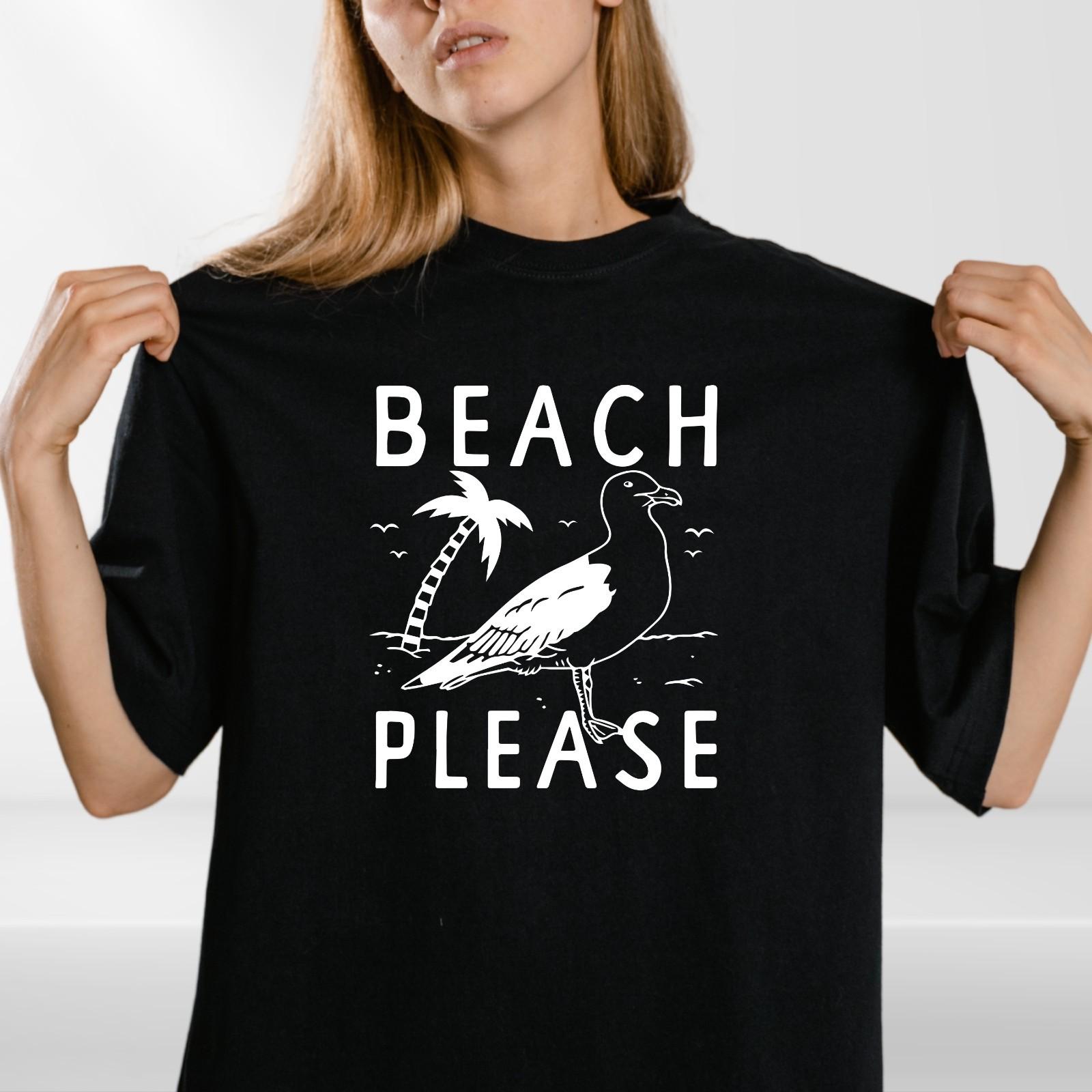 Beach Please T-Shirt Mens Womens Tees Top, Retro Summer, Seagull Palm Tree Graphic Summer Holiday Tee S