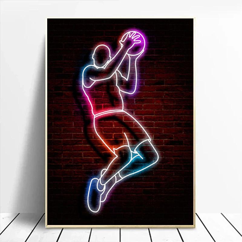 Neon Light Art Canvas Painting Abstract Fancy Basketball Sport Posture Poster Street Wall Art for Kids Boys Room Home Decoration