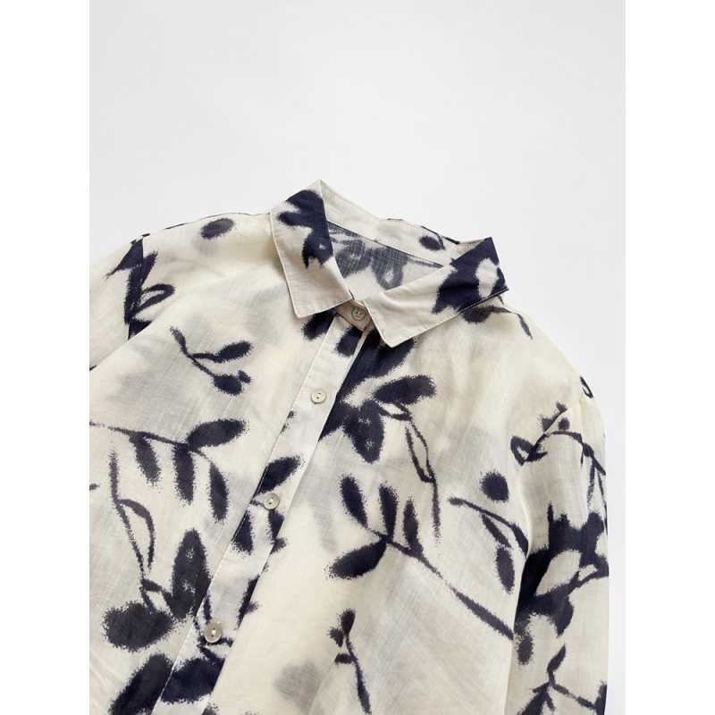 Early Autumn Ink Printed Shirt Ramie Shirt Versatile Chinese Thin Linen Women's Top