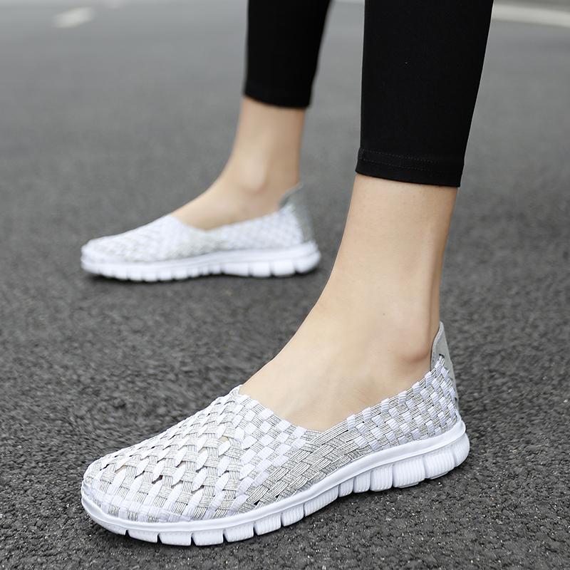 Dames Zomer Ademende Zilveren Moccasin Strandschoenen Dames Zwart Casual Instappers Rijschoenen Gevlochten Blauwe Platte Schoenen Sneakers Grote Maten