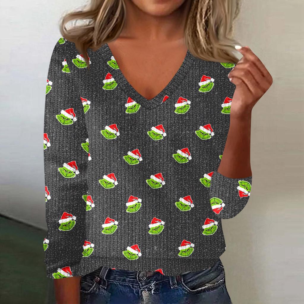 Women's Cute Sweatshirt Knitted Fashion Casual V-neck Long-sleeved  Cozy Print Top