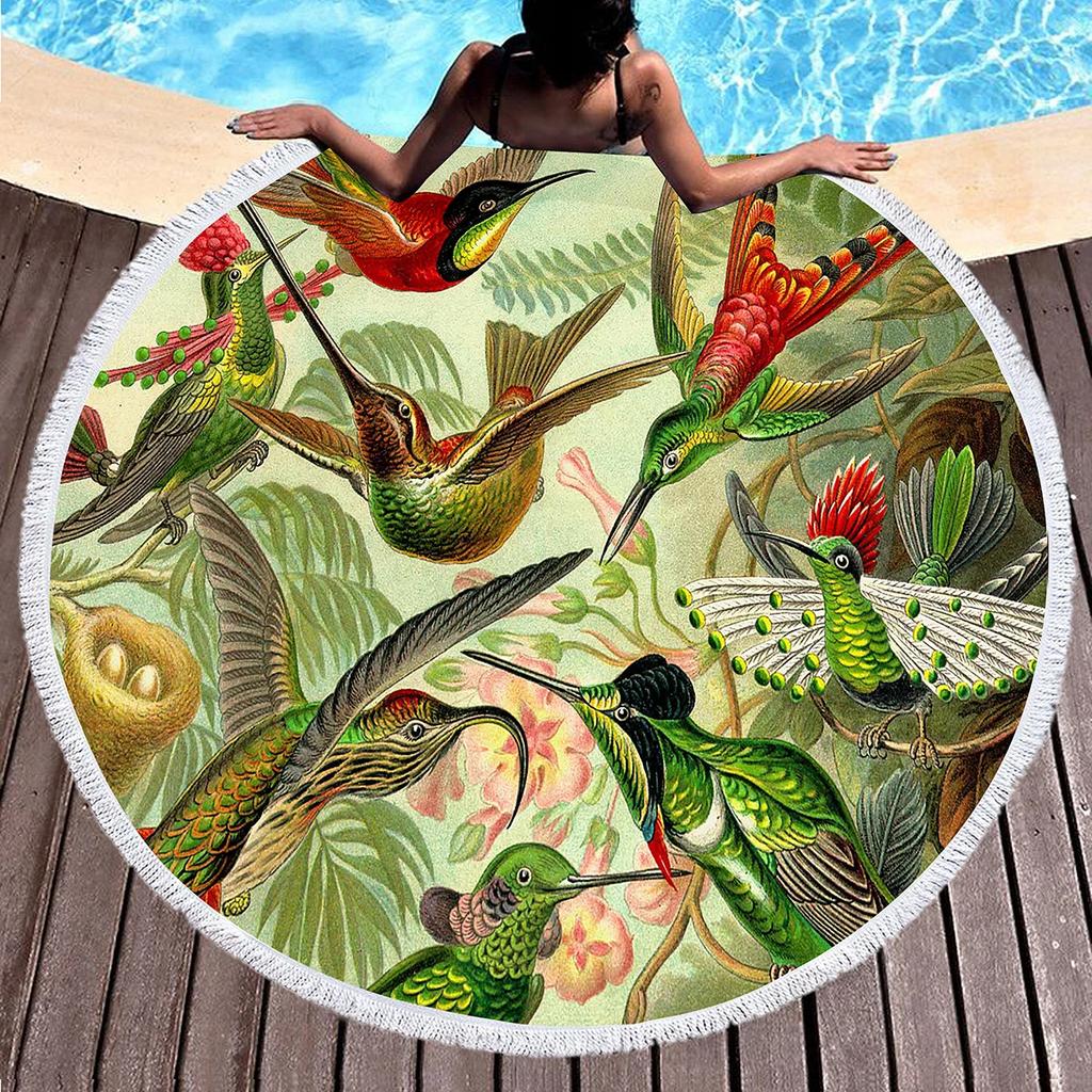 Bird Flower Print Round Beach Towel Microfiber Circle Bath Towels Quick Dry Absorbent Pool Towels Sand Free Shawl Beach Blanket