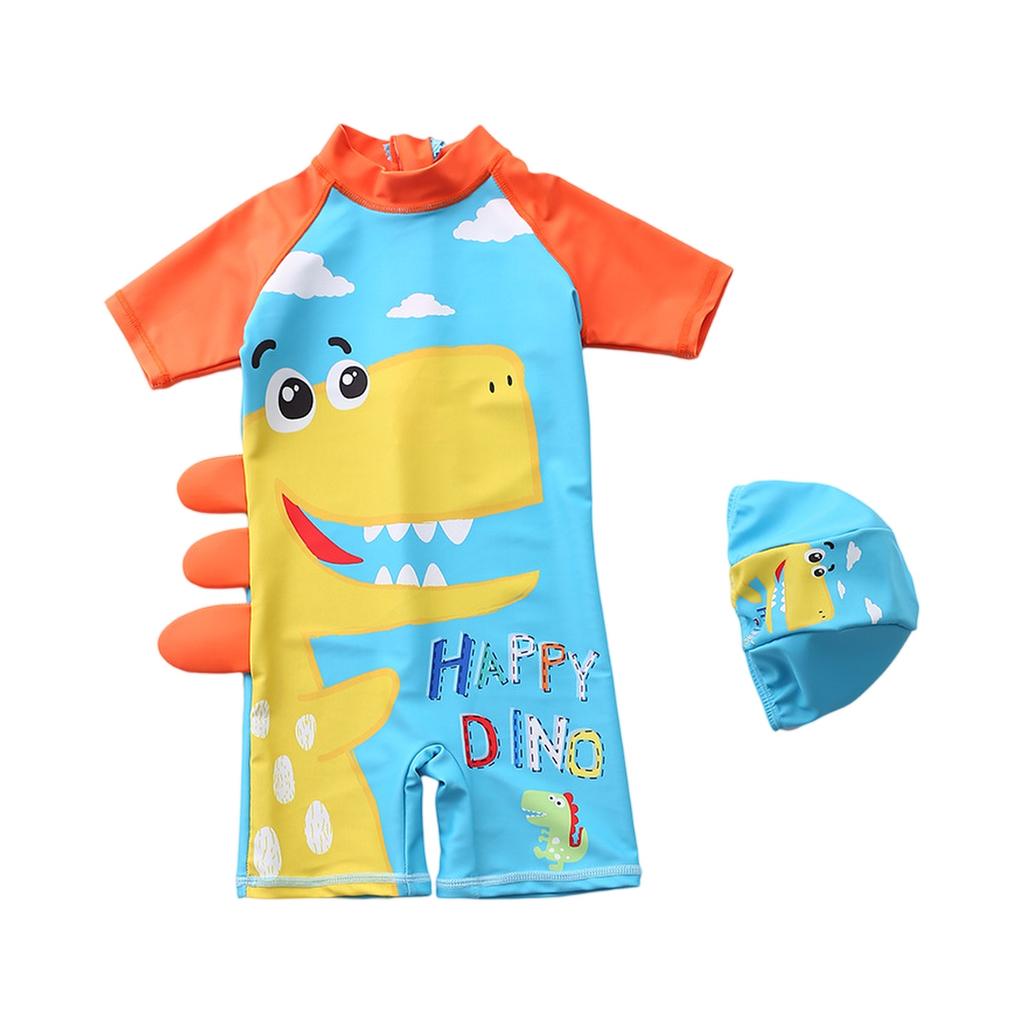 Boys Short Sleeve Hooded One-Piece Swimsuit Cartoon Dinosaur Print Beach Swimwear Summer Kids Swim Shirt with Matching Swim Cap
