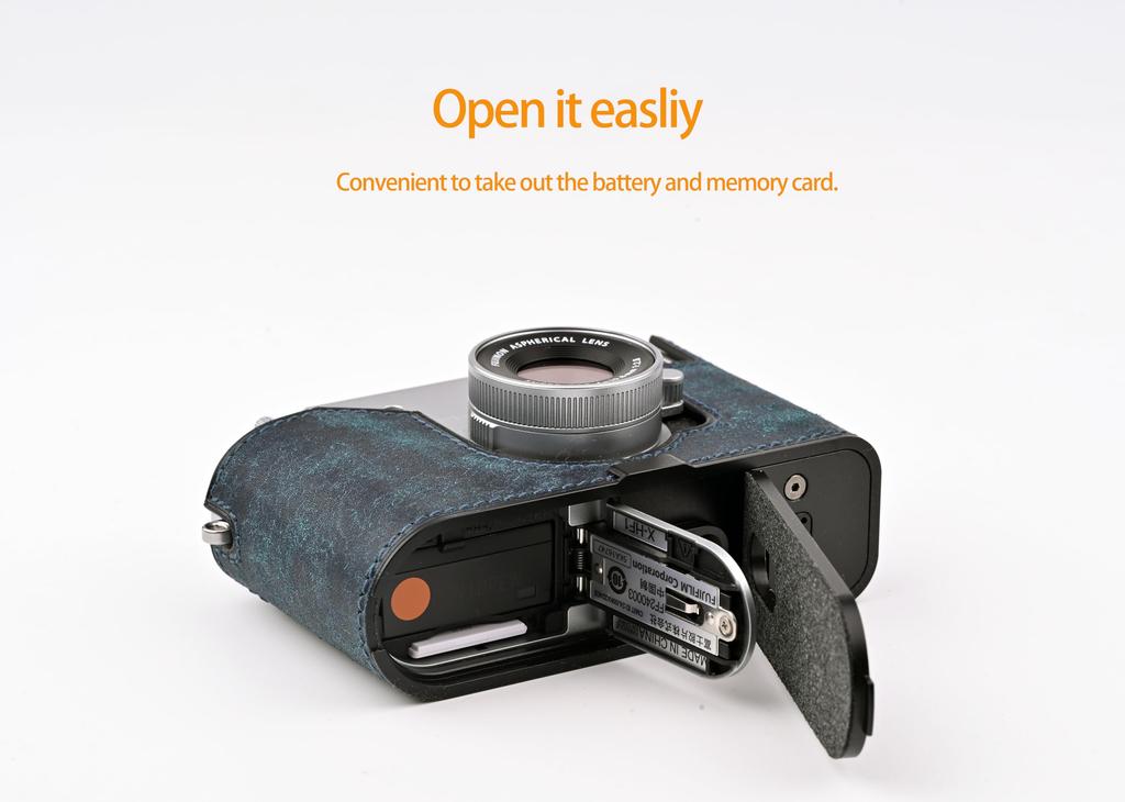 CLC handmade camera case/cover for Fuji x-half/Fuji x-half, genuine leather with a leather top and metal base plate (Matte Blue)