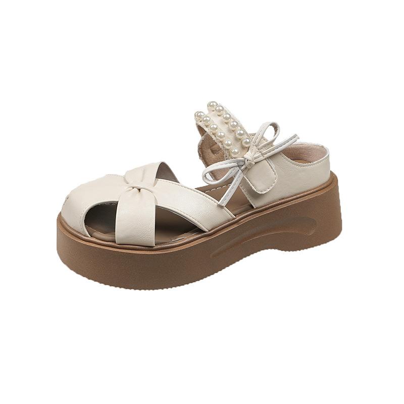 Thick-soled Muffin Cool Slippers for Women's Summer Wear New Fashionable Pearl Bow Heightening Comfortable Beach Sandals